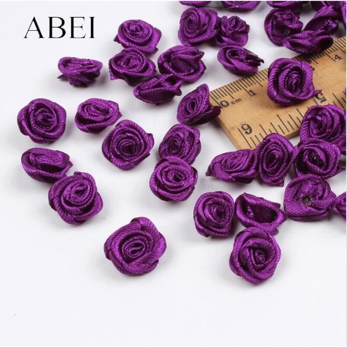 Mini fleurs roses mélangées 15mm 300 pièces, Ruban en satin fait à la main, tête de rose, accessoires décoratifs - Dark Purple