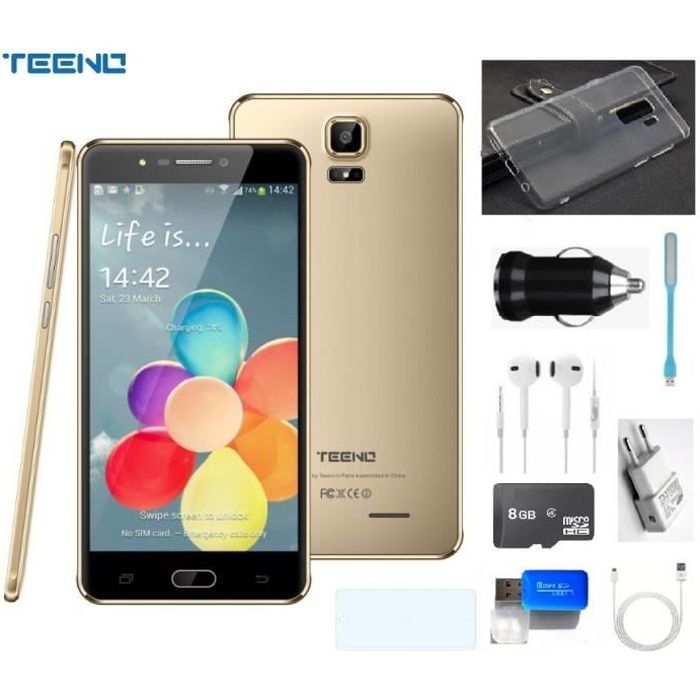 TEENO 6.0- HD Smartphone 4G Débloqué 3Go + 32Go Or(Double SIM - Double Caméras - Android) + 10 Accessoires Telephone Portable