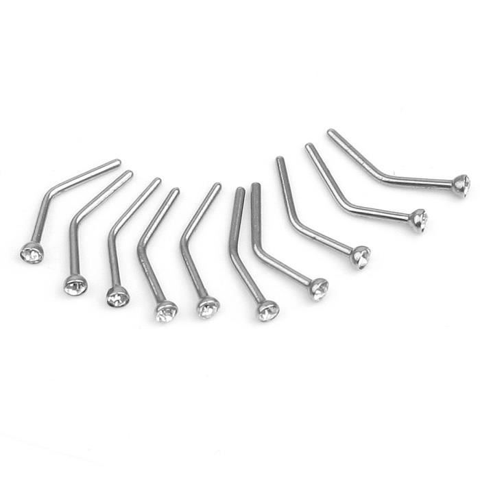10x Piercing Nez Clou 9mm Barre Courbe En Acier Chirurgical 316L Strass Cristal
