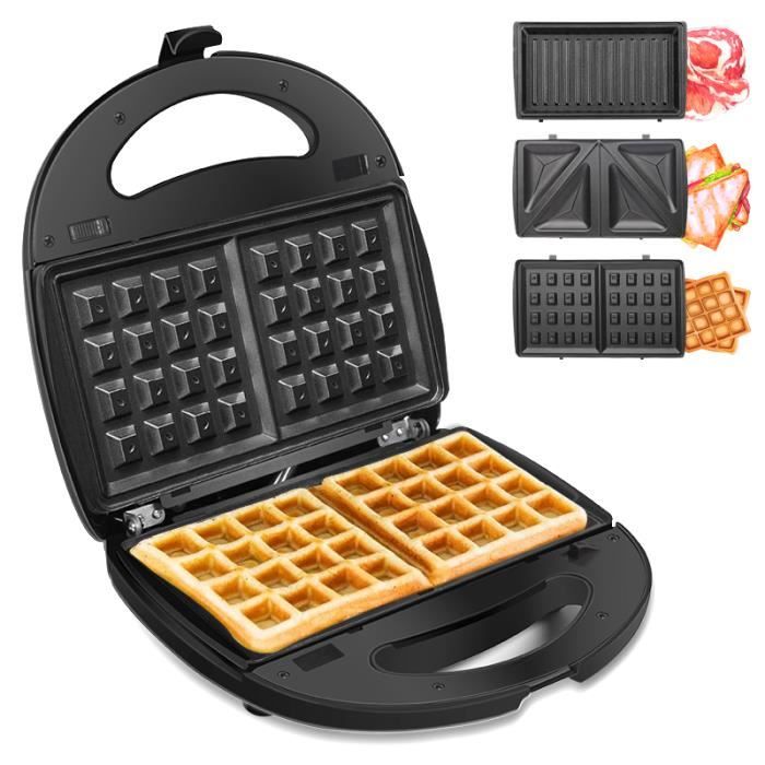 Gaufrier Multifonction 800W - Grill, Sandwich, Gaufre - 2 Veilleuses Contrôlées par Thermostat - Noir
