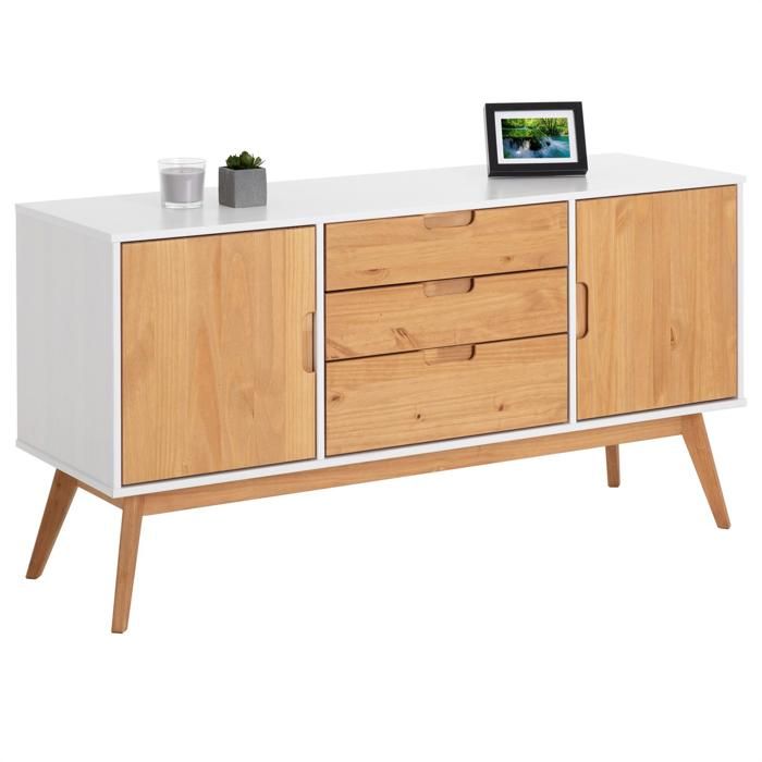 Buffet TIVOLI design vintage scandinave nordique commode bahut vaisselier 3 tiroirs 2 portes, pin massif finition blanc/bois teinté
