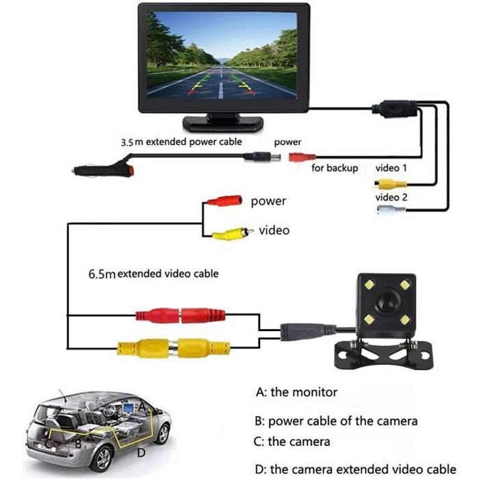 4,3- LCD Moniteur + Caméra de Recu, Moniteur LCD Kit de vue arrière de voiture câblée + Caméra de recul HD avec vision nocturne IR
