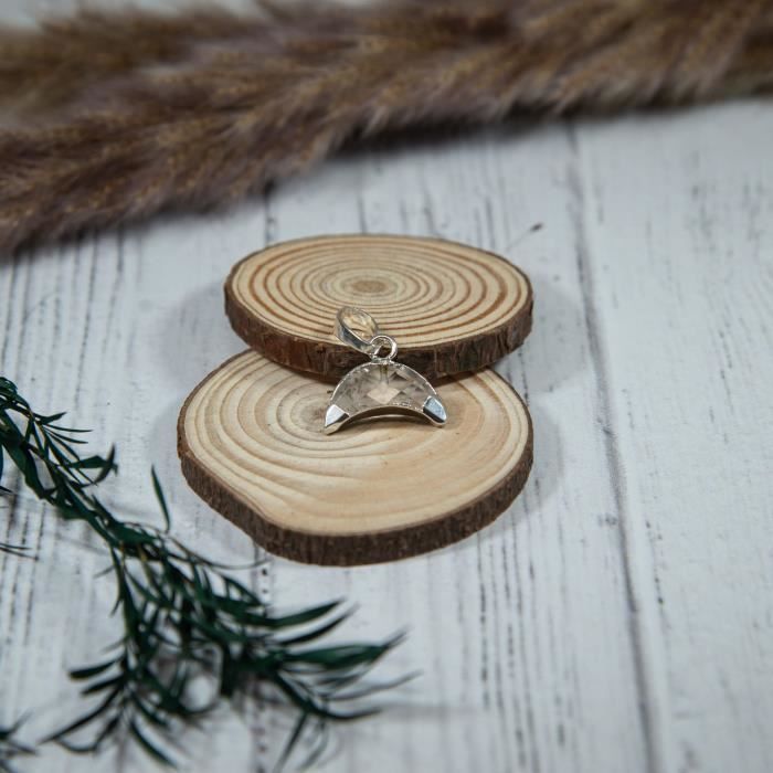 Pendentif Croissant de Lune - Plaqué argent - Pierres naturelles Cristal De Roche