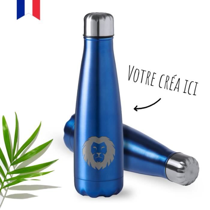 Gourde en metal 60cl BLEUE à graver - Bouteille isotherme avec prénom, surnom, date, logo... [ Thermos isotherme ]
