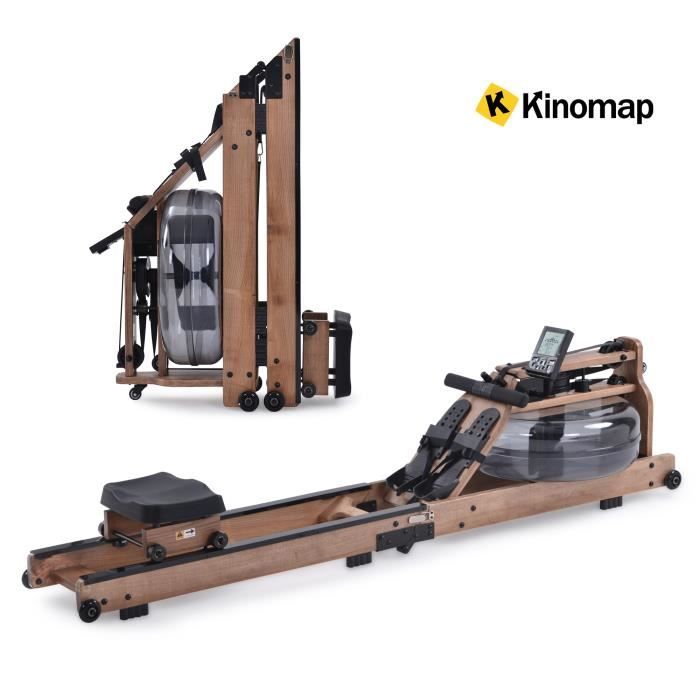 Rameur à Eau électrique, 100% Bois de frêne, Rameur Pliable pour Usage à Domicile, Ecran LCD + Bluetooth + APP, Entraînement Cardio