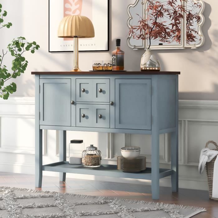 Table console avec étagère, table d'entrée, table canapé, entrée bois bleu, salon, chambre, commode, meuble bureau, 105 x 38 x 86 cm
