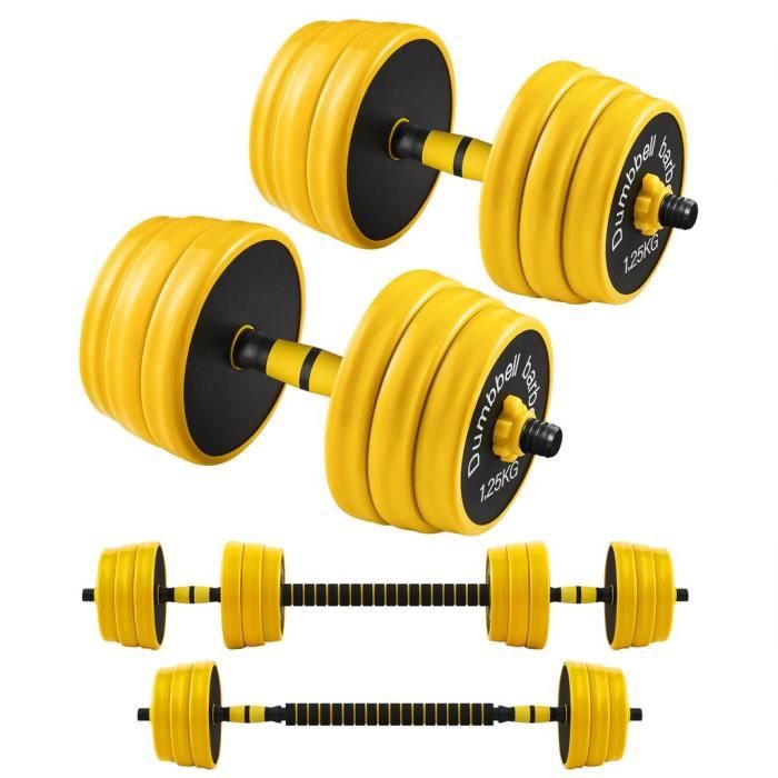 SONGMICS Haltères 2 x 10 kg, Kit de Musculation, Set de Poids Entraînement Fitness, Avec Barre d’Extension, Sport à la Maison, Jaune