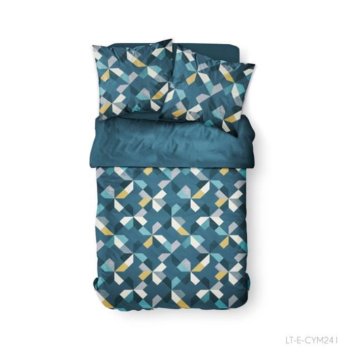 Parure de lit 2 personnes 240X260 Coton imprime bleu Graphique SUNSHINE
