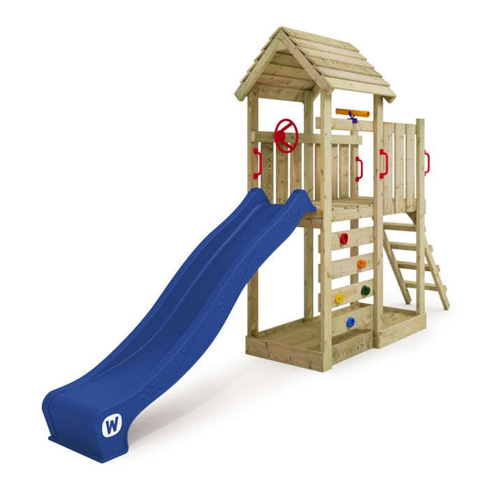 WICKEY Aire de jeux Portique bois JoyFlyer avec toboggan bleu Maison enfant extérieure avec bac à sable, échelle d'escalade