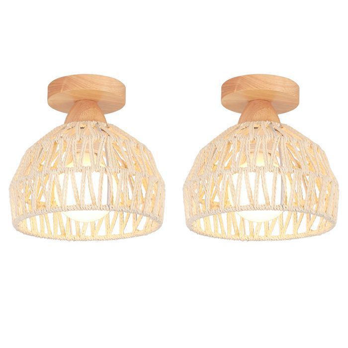 IDEGU IDEGU 2pcs Plafonnier Industriel Lampe de Plafond Vintage en Cage Lustre Abat-jour en Bois Rotin Blanc Style Rural pour Salon