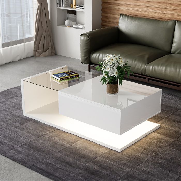 Table basse salon avec verre et LEDMeuble salon 1 tiroir de rangement105x55x32.5cm Blanc brillant