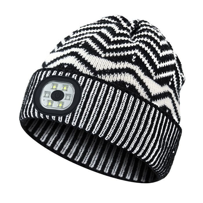 Bonnet à imprimé rayé LED chapeau dextérieur streetwear nuit de plein air course à pied lumière iodée hiver noir et blanc