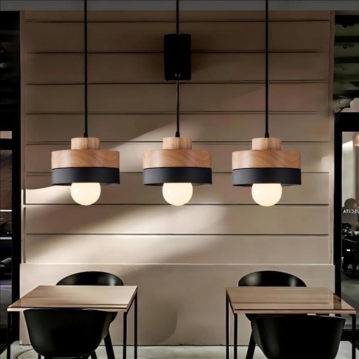WOTTES Suspension en Bois et Métal - Noir 3pcs - Ø18*10cm - E27 - Design rétro Rond - Éclairage intérieur Lustre Cuisine Salon