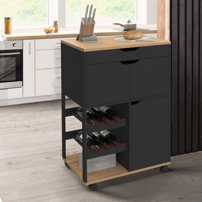 IDMARKET Desserte de cuisine COSY avec placards et range bouteilles bois et noir IDMARKET Desserte de cuisine COSY avec placards et range bouteilles bois et noir