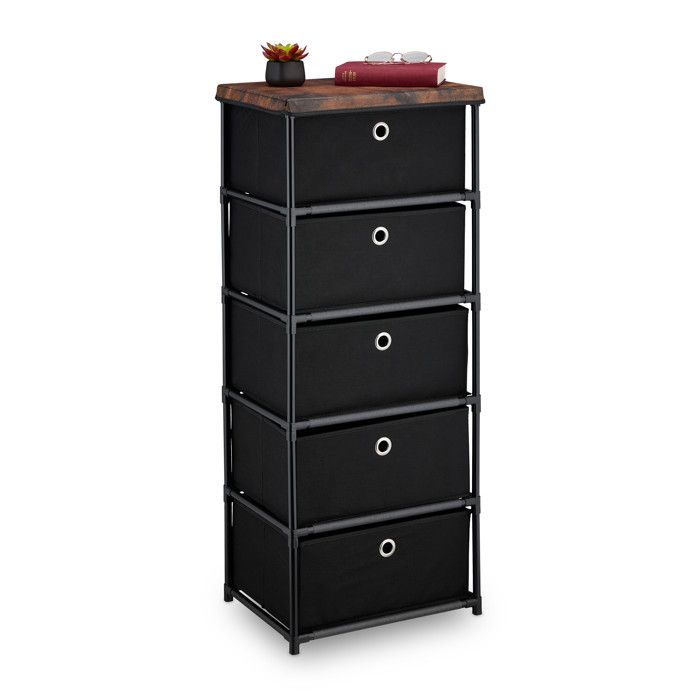 Relaxdays Commode avec 5 tiroirs en tissu structure en métal 105x43x33 cm pour le salon ou lentrée noir et marron