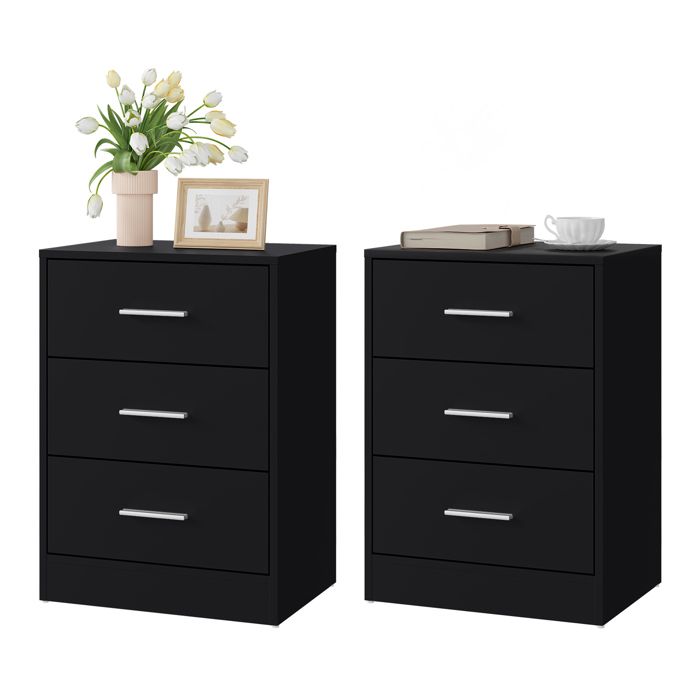 Tables de chevet - WOLTU - Lot de 2 tables de Nuit - 3 tiroirs - 39x28x54 cm - MDF - Noir Tables de chevet - WOLTU - Lot de 2 tables de Nuit - 3 tiroirs - 39x28x54 cm - MDF - Noir