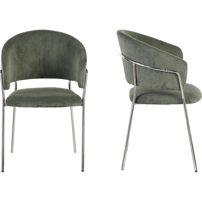 Lot de 2 chaises en velours côtelé vert kaki et piètement chromé - Isya Lot de 2 chaises en velours côtelé vert kaki et piètement chromé - Isya