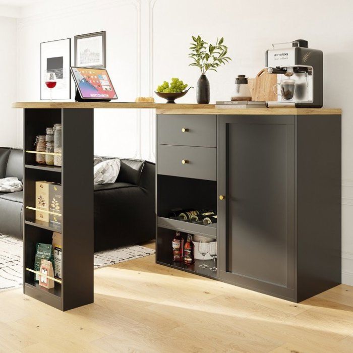 Meuble Bar Rotatif 360° avec 4 Tiroirs et Étagères Ouvertes Table de Bar Bois Noir Or 138 cm Meuble Bar Rotatif 360° avec 4 Tiroirs et Étagères Ouvertes Table de Bar Bois Noir Or 138 cm