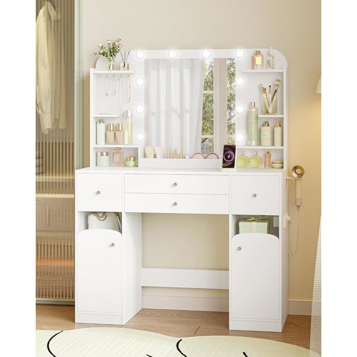 Coiffeuse avec Eclairage LED avec PriseSupport pour Sèche-Cheveux Grand Plateau 108 cm et 2 Tiroirs avec Rangement pour Bijoux