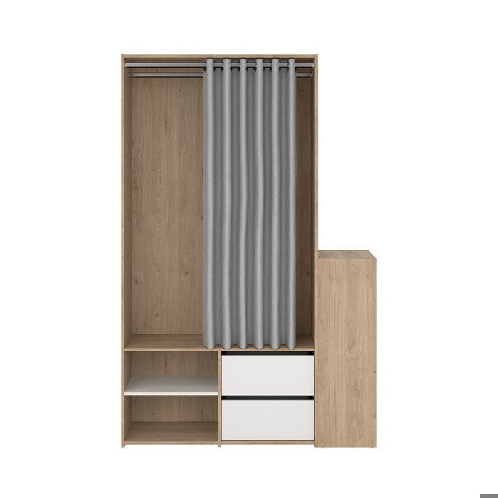 Kimmy armoire ouverte avec rideau 2 tiroirs meuble à chaussures décor noyer blanc rideau gris clair. Kimmy armoire ouverte avec rideau 2 tiroirs meuble à chaussures décor noyer blanc rideau gris clair.