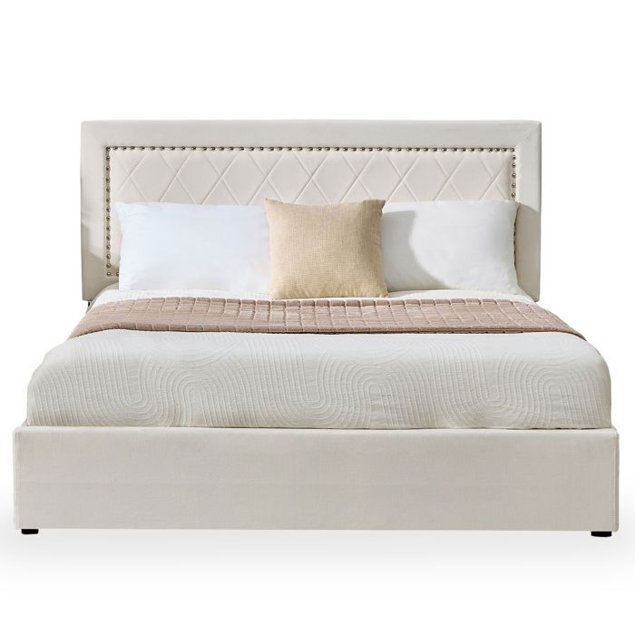 MENZZO Lit coffre Sandiego avec sommier relevable 160x200cm et tête de lit cloutée Velours Beige clair - Velours Lit complet : L172