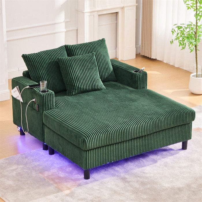 DRIPEX Canapé fauteuil Longue avec porte-boissonsports USB et éclairage LEDCanapé lit Paresseux en Velours Côtelé Vert
