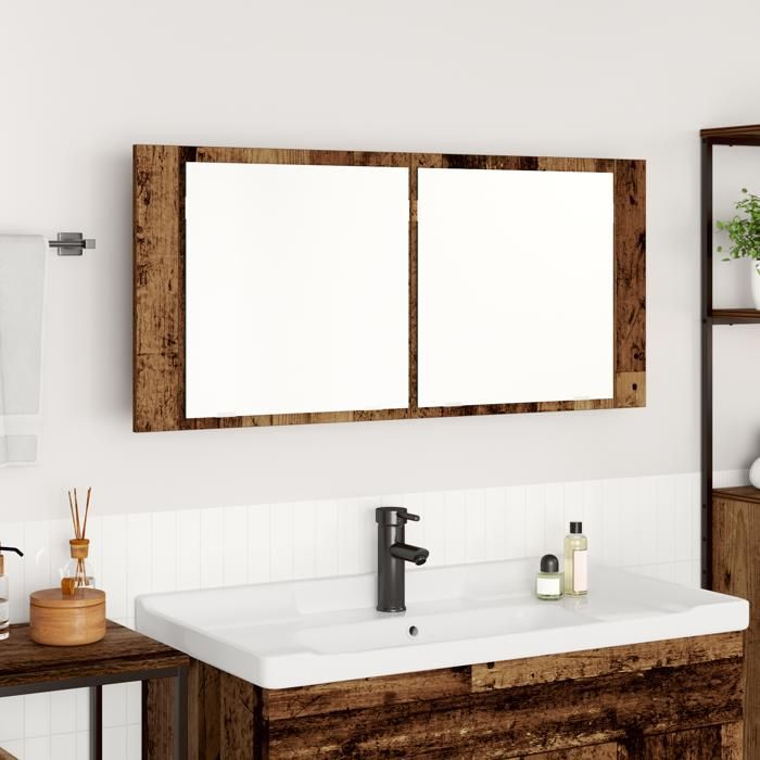 Armoire miroir LED - vidaXL - Bois ancien - 100x12x45 cm - Éclairage intégré - Rustique - Étagères spacieuses - Marron
