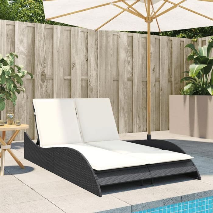 Desginer Chaise longue/Lit de repos - SOLOMON - Pour jardin - avec coussins - noir 114x205x73 cm résine tressée CC1313
