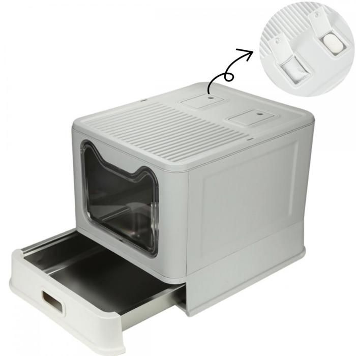 Meilleurs prix pour Bac à litière en acier inoxydable-MENGDA-Bac à litière fermé pour chat avec pelle-Sachets désodorisants et lampes germicides