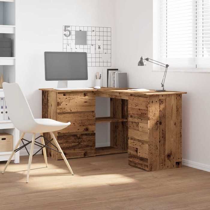Bureau dangle - CLARENCE - Vieux bois - Bois dingénierie - 145x100x76 cm - 60 kg max - 2 portes - 4 tiroirs