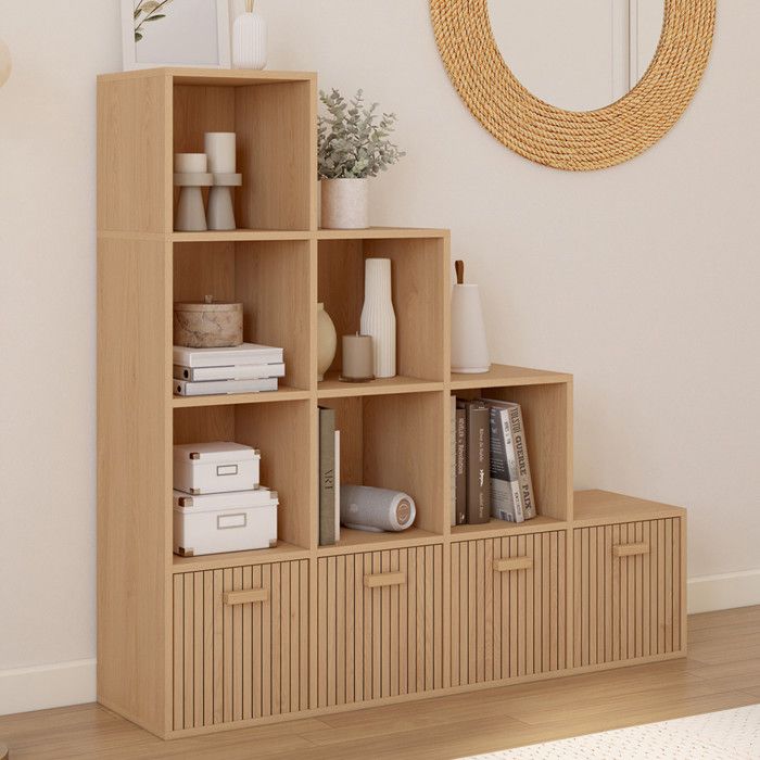 IDMARKET Meuble de rangement en escalier LORYS 4 niveaux effet lattes JULIETTE avec 4 tiroirs en tissu IDMARKET Meuble de rangement en escalier LORYS 4 niveaux effet lattes JULIETTE avec 4 tiroirs en tissu