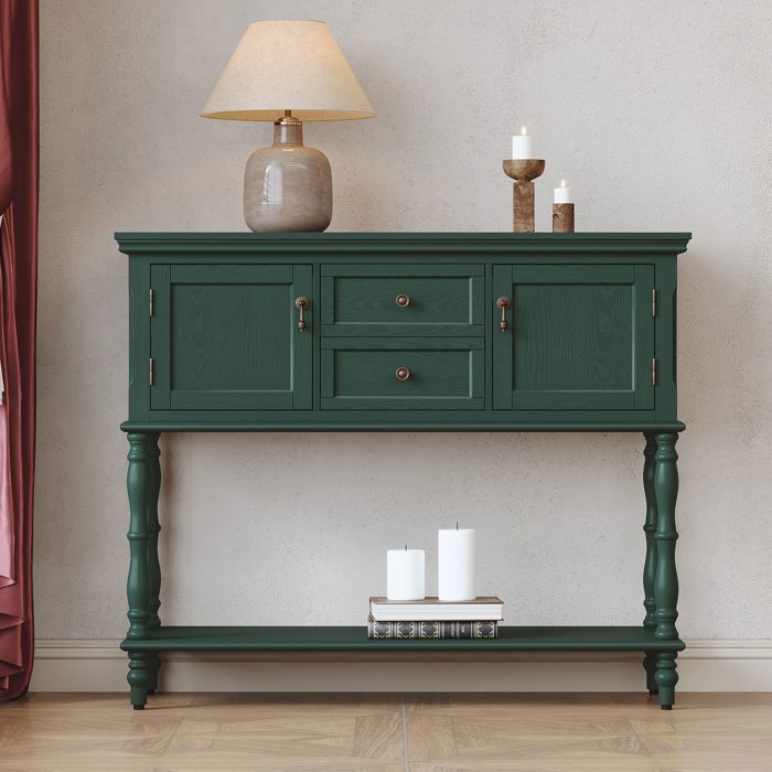 Console dentrée - HOLTICO - Table console style français vintage avec 2 tiroirs et 2 portes rainurées - 94 x 84 x 35 cm - Vert