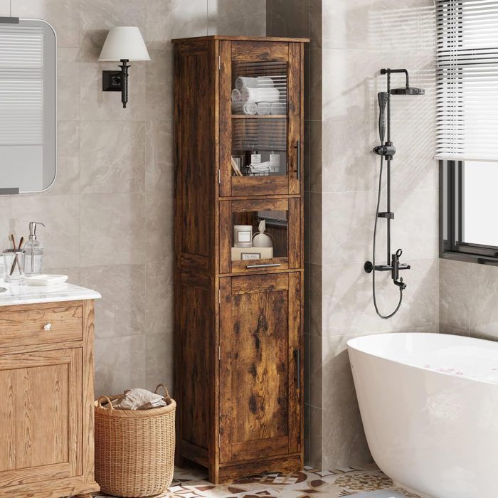 Meuble Salle de Bain Colonne Rangement avec Étagères Réglables Placards à Porte Tiroir Compartiment 40x30x170cm Marron