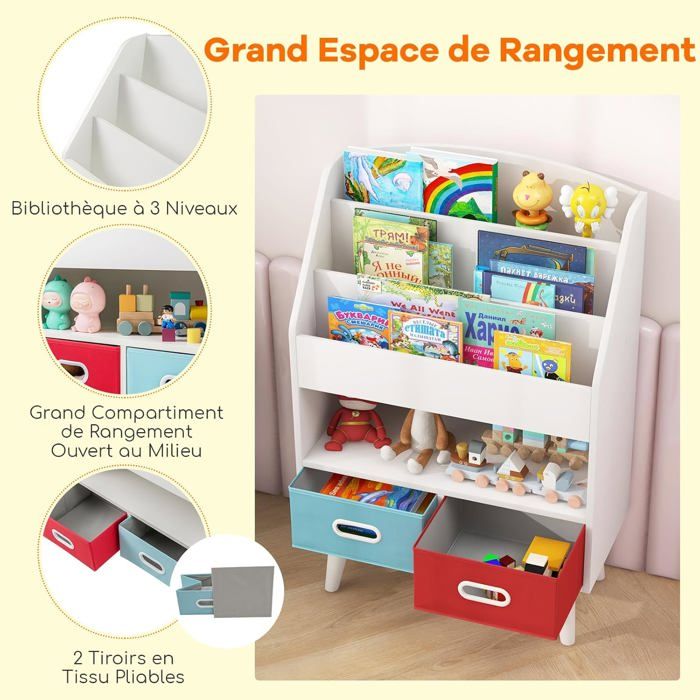 GIANTEX Bibliothèque pour Enfants à 3 Niveaux-Compartiment Ouvert et 2 Tiroirs Pliables avec Kits Anti-Basculement-63x30x91 5CM