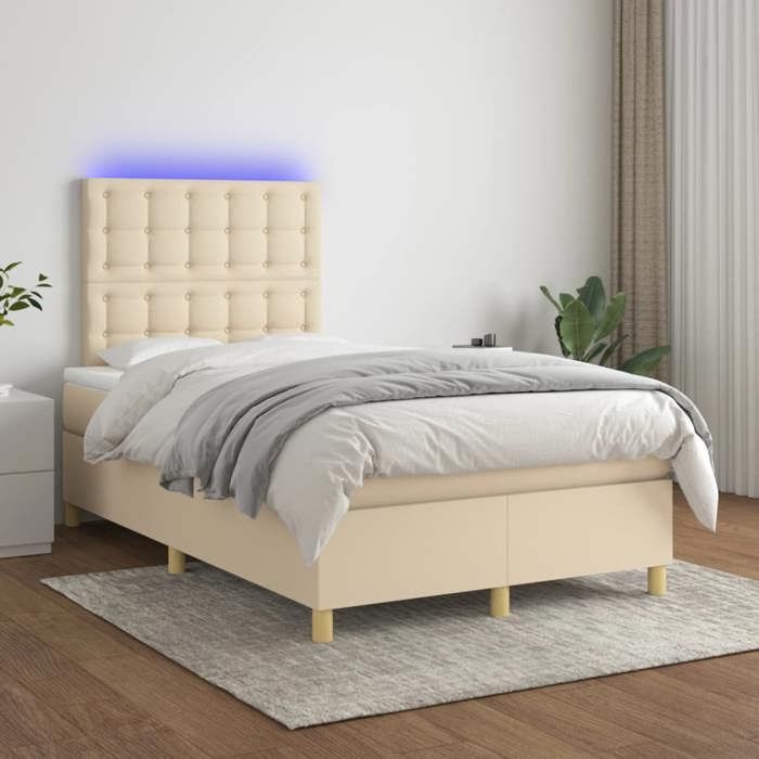 Lit avec sommier à lattes et matelas - vidaXL - 120x200 cm - Crème - Tissu polyester - Matelas à ressorts ensachés