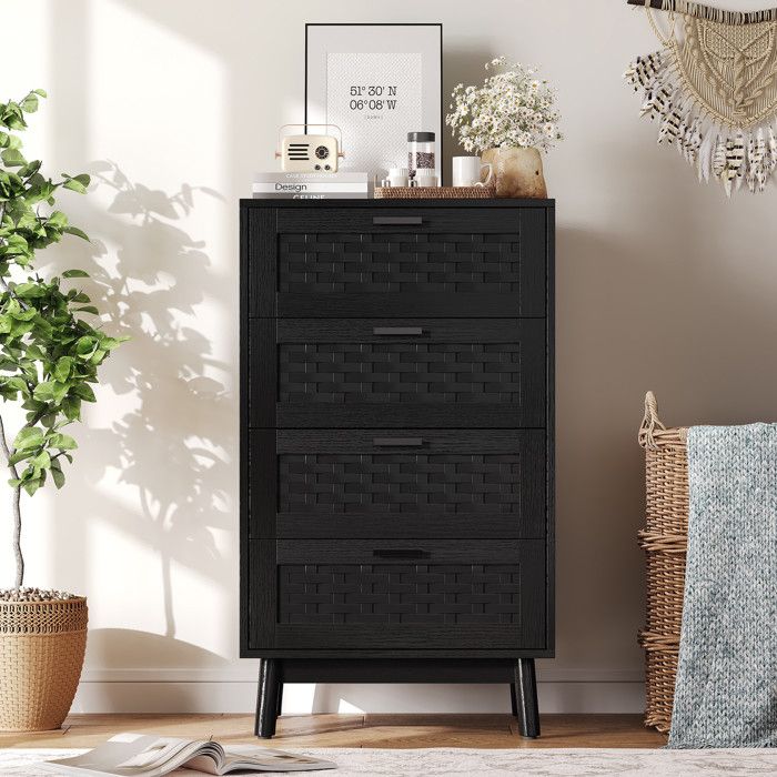 Commode 4 Tiroirs - Façade Rotin/Osier Tressé - Style Naturel Scandinave - Pieds en Bois Massif - 55x39.8x95 cm - Noir