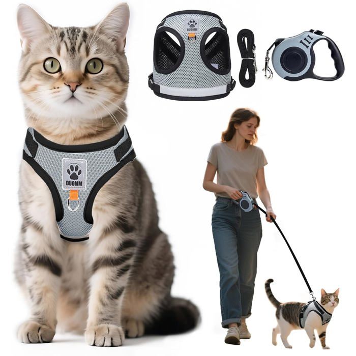 Comparer les prix de Harnais anti-évasion pour chat - ESTAMPILLE - Réglable - Corde télescopique 5m - Bandes réfléchissantes - Gris