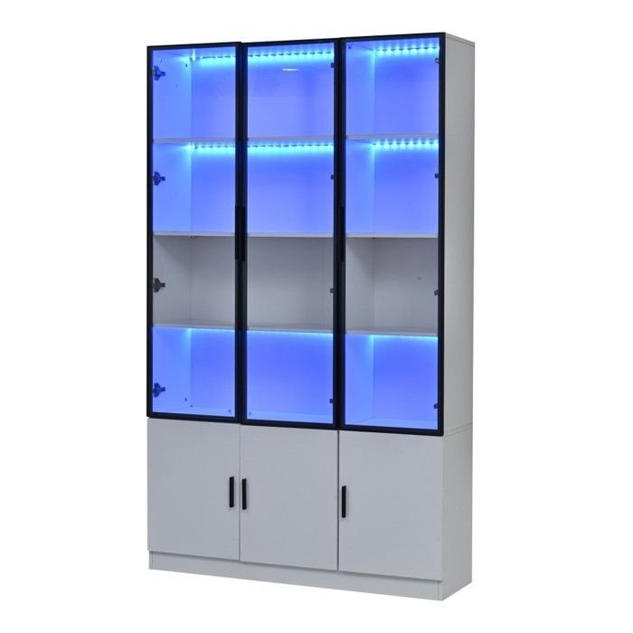 Vitrine 120x32x200 cm sur pied 6 portes meuble haut salon blanc vitrine verre avec éclairage LED meuble multifonctionnel Vitrine 120x32x200 cm sur pied 6 portes meuble haut salon blanc vitrine verre avec éclairage LED meuble multifonctionnel