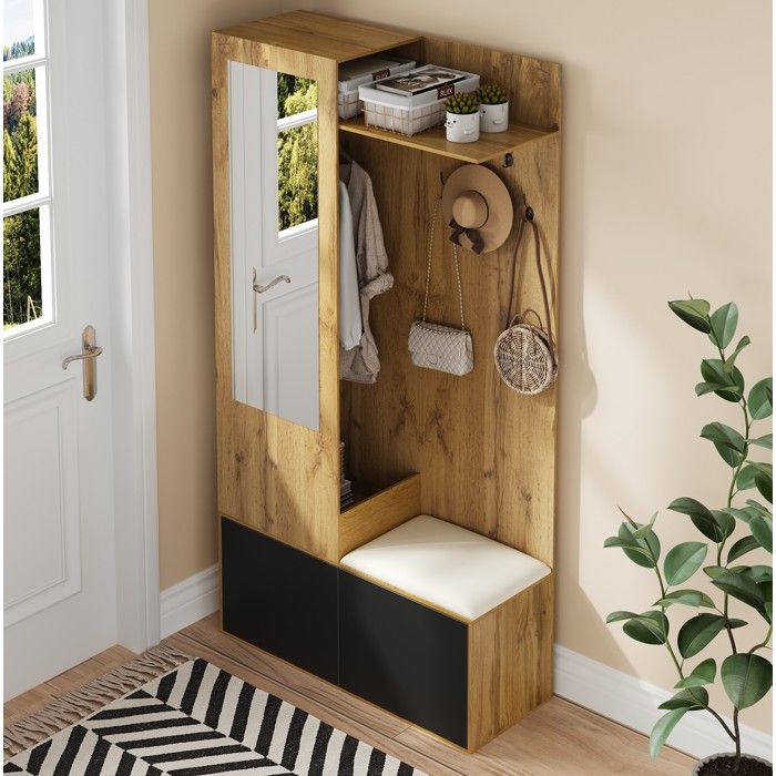 Meuble dentrée -Vestiaire 100x38x191 cm avec miroir. banc. 5 crochets et 2 range-chaussures. MDF noir et naturel