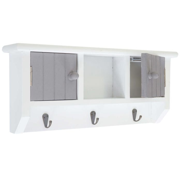 Porte cles meuble d entree mural avec portes et etagere en bois massif gris blanc 04_0003587