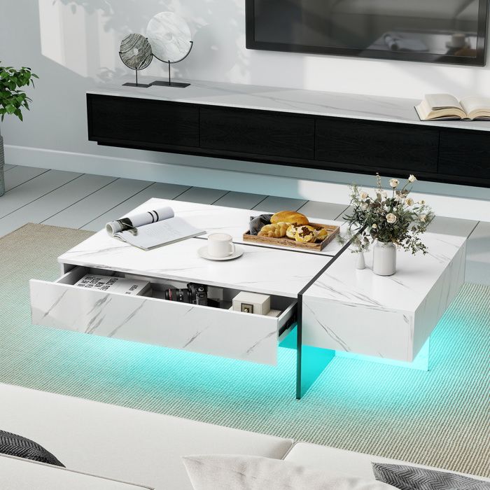 Table Basse LED COSTWAY 120 x 70 x 35 cm 3 Tiroirs de Rangement Meuble Centrale Rectangulaire pour Salon Blanc Imitation Marbre