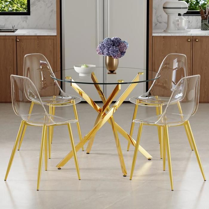Table à manger avec 4 chaises transparentes en plastique Ensemble de salle à manger ronde en verre trempé de 88 cm de diamètre