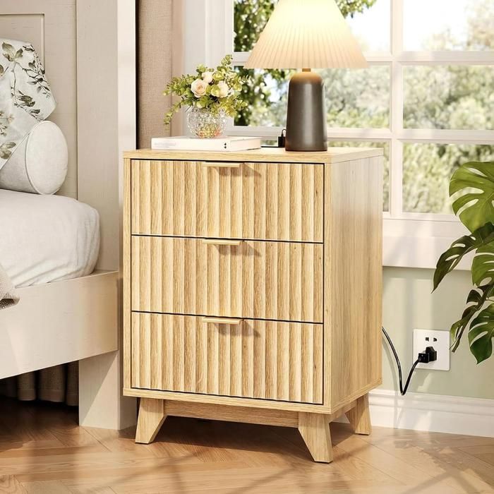 Table de chevet avec Prises CA et Ports USB - ALIGHTUP - 3 tiroir 45 x 30 x 60 cm chêne