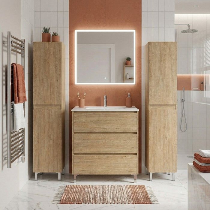 Ensemble meuble vasque L.80cm + 2 colonnes sur pied 3 tiroirs Chêne naturel LISBONA Ensemble meuble vasque L.80cm + 2 colonnes sur pied 3 tiroirs Chêne naturel LISBONA