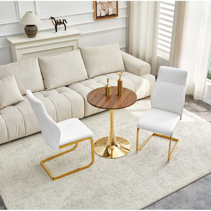 Table à manger avec chaises 2 personnes table ronde 60 cm 2 chaises PU blanc et métal doré