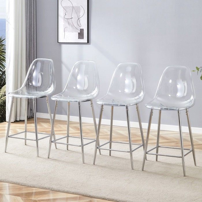 Lot De 4 Tabourets Bar Transparents 43.18x50.8x101.6cmmétal Argentéchaise Moderne Adaptée Cuisine Barsalle À MangerSans Table
