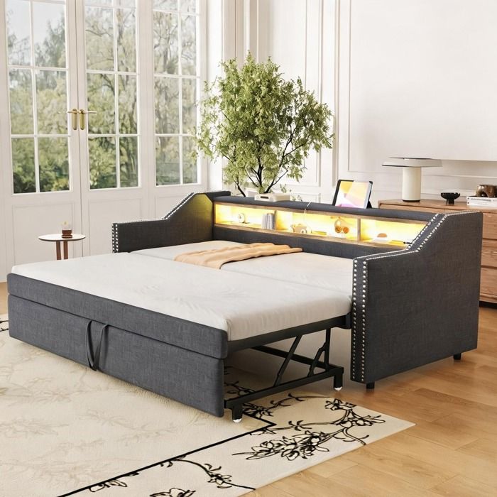 Canapé-lit gigogne en toile de jute ton gris avec LED USB rangement latéral et 2 matelas 90/180x190 cm