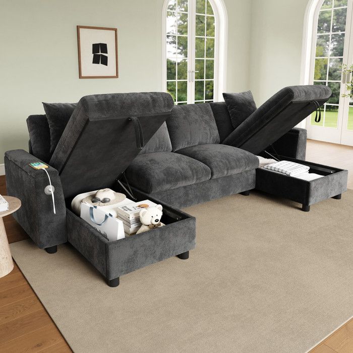 Canapé moderne avec rangement dépliable et 2 places + 2 méridiennes Canapé 4 places en U avec USB et Type-C Chenille Gris