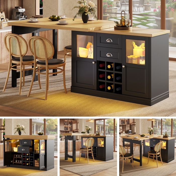 Table à manger extensible - Extensible 120-197cm - Rotation 360° - Éclairage LED 3 couleurs