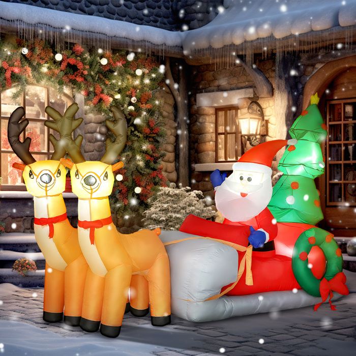 Père Noël gonflable avec traîneau et rennes 216 x 90 x 150 cm lumières LED intérieur/extérieur